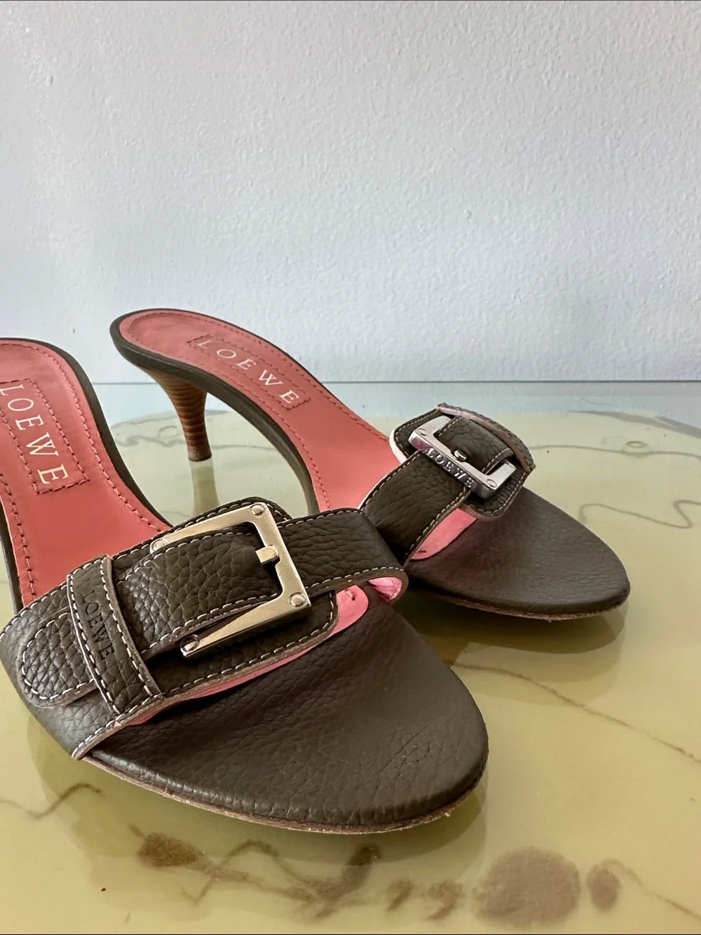 Loewe Brown Leather Buckle Mules with Pink Insole - Picture 4 of 5